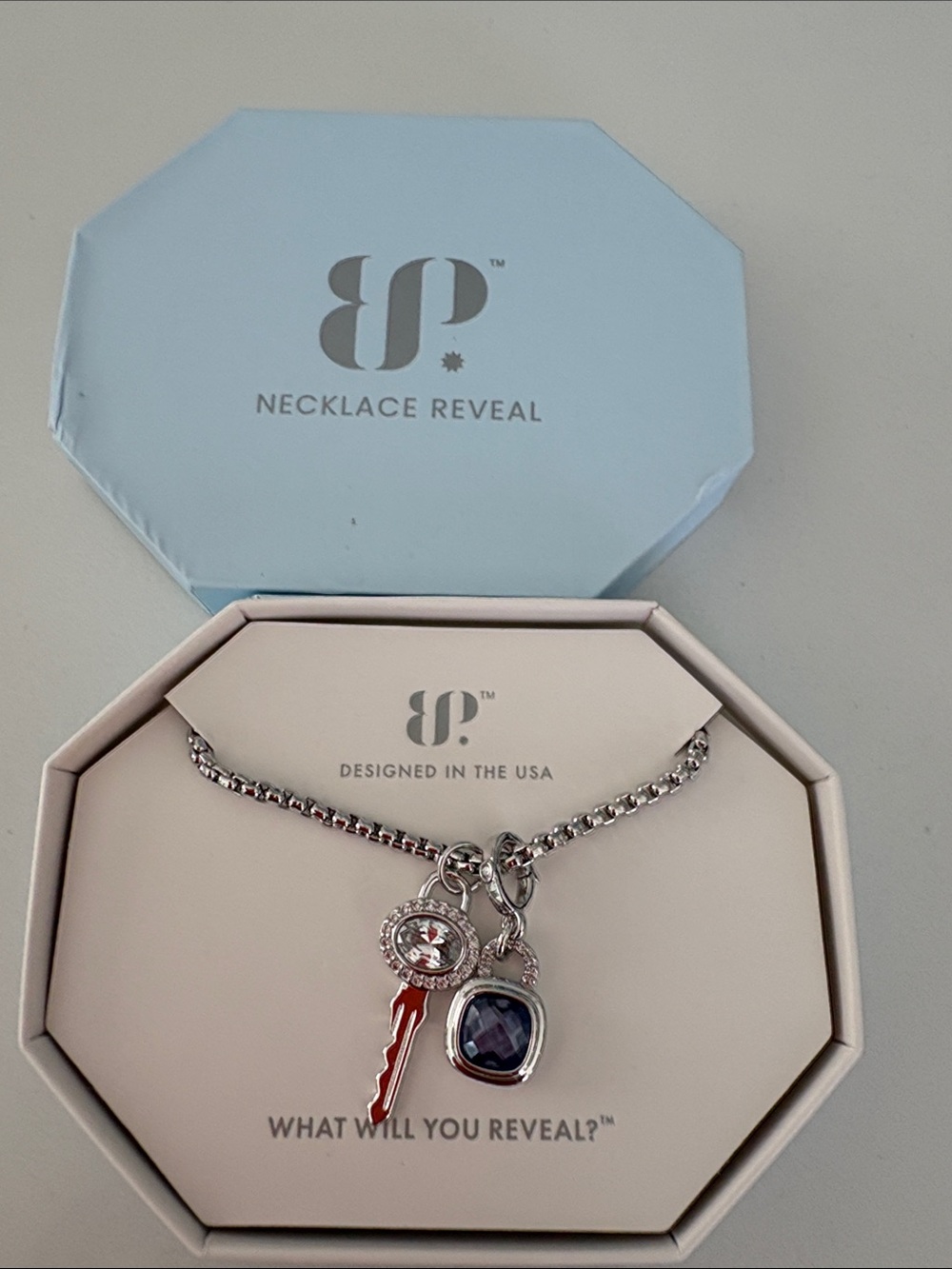 Necklace Reveal Silver Charm Necklace with Blue and Red Accents